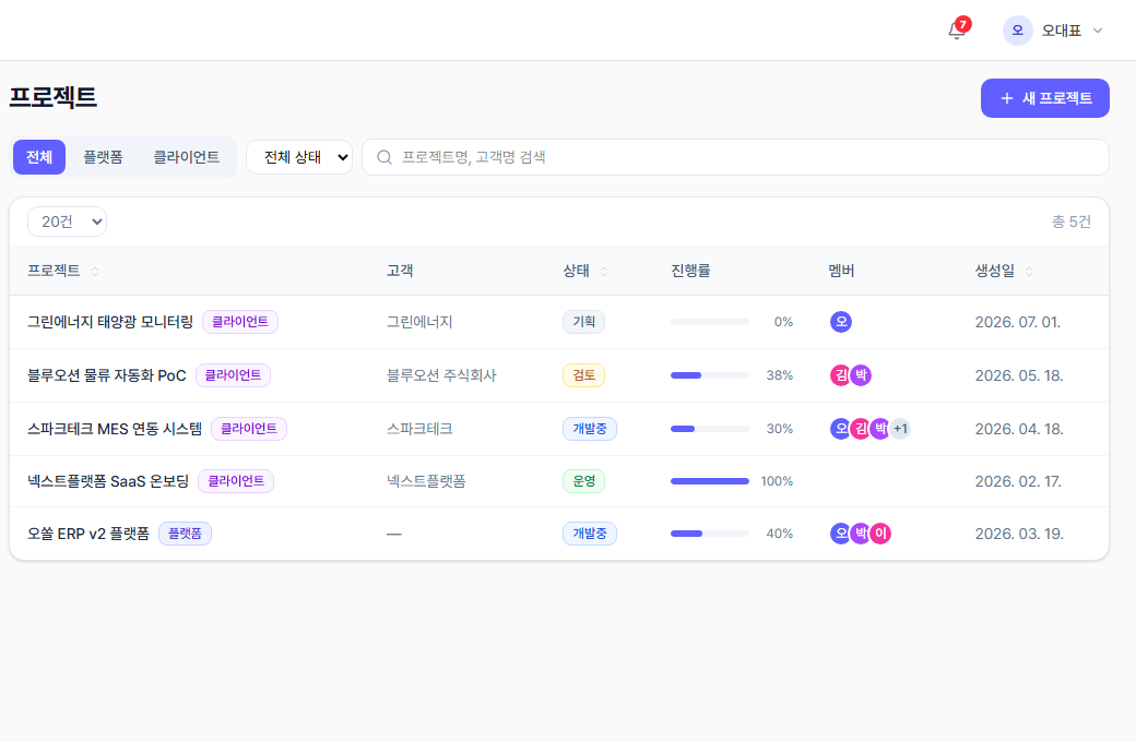 프로젝트 & 태스크 관리 화면